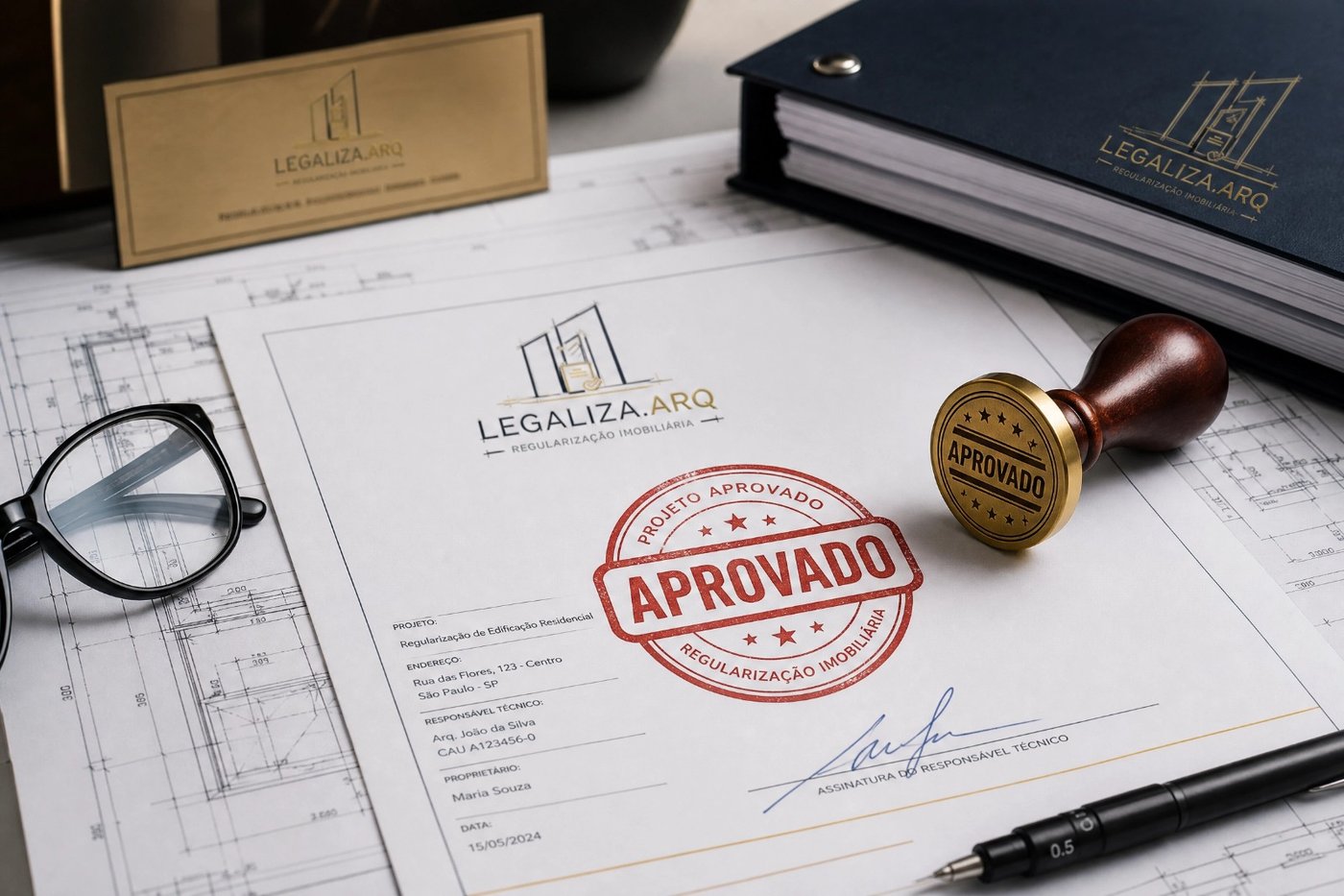 Projeto aprovado com carimbo e documentação técnica Legaliza.ARQ