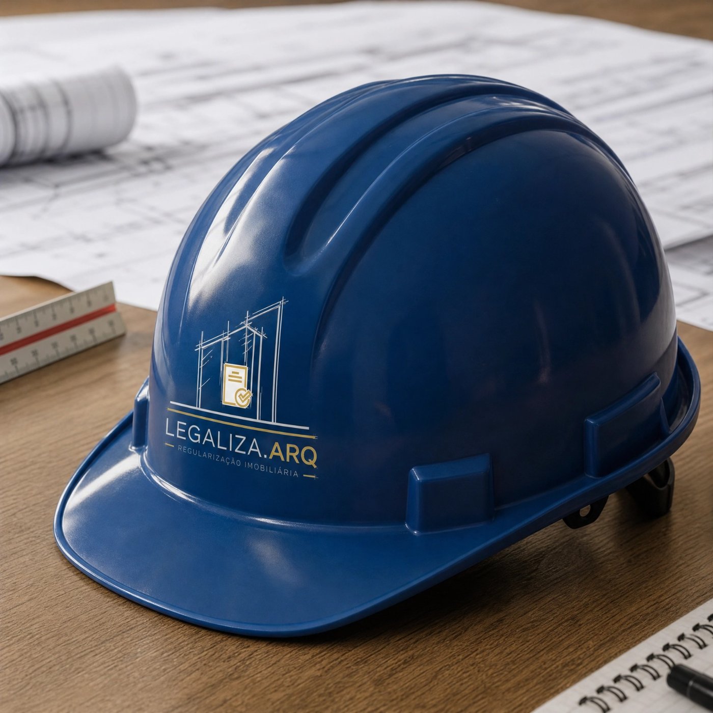 Capacete de obra com a marca Legaliza.ARQ sobre pranchas de projeto